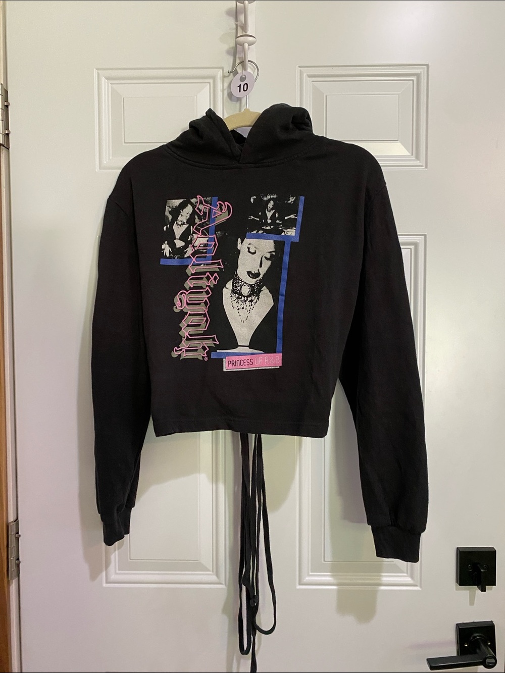 Black Cropped Graphic Hoodie with Pink & Blue Prints